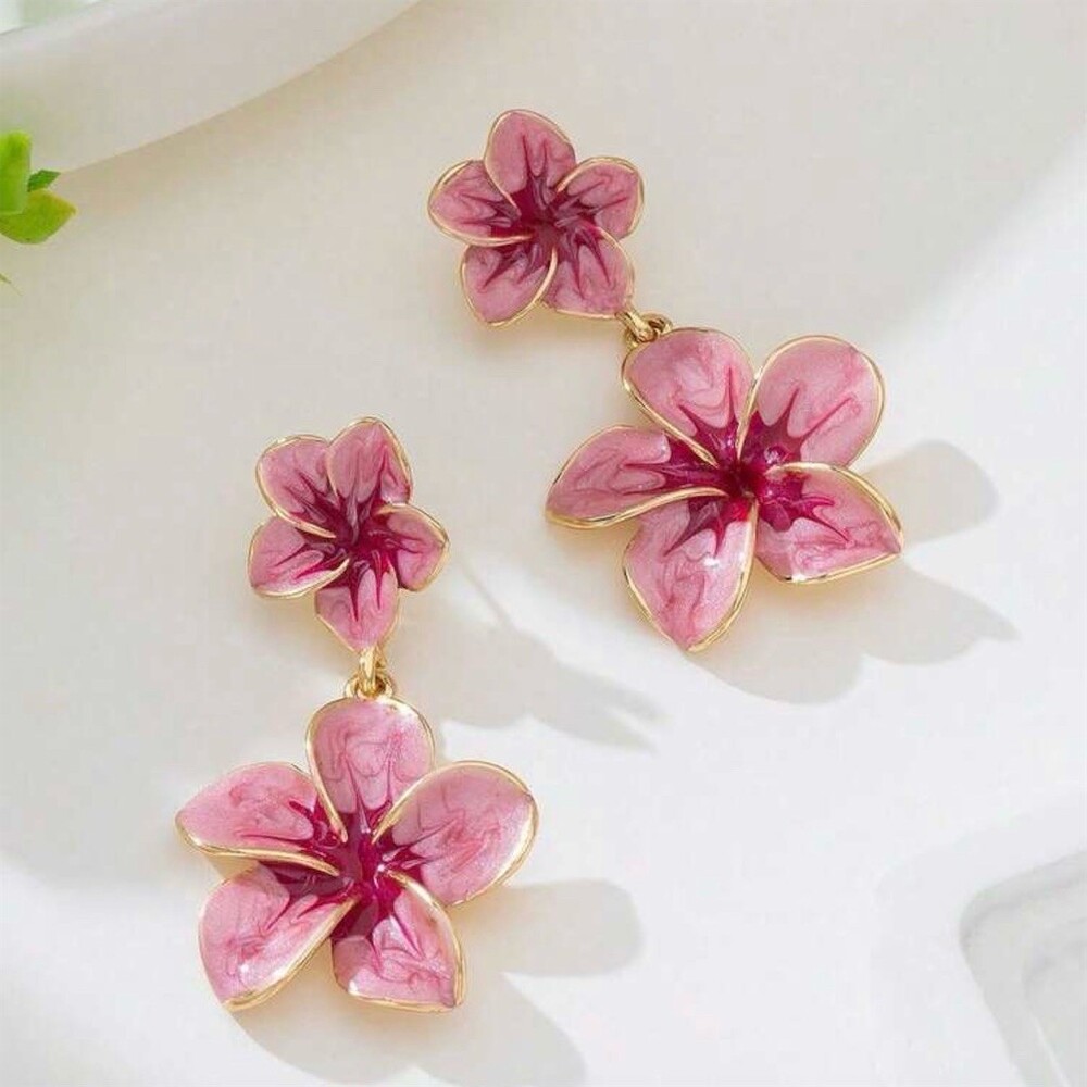 Pink Floral Double Flower Dangle Drop Statement 5.5cm